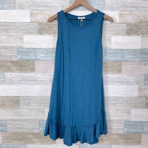 Max Studio Ruffle Flounce Hem Tank Dress Blue Jersey Stretch Casual Womens Small